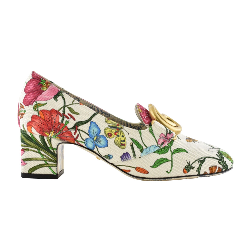 Gucci Victoire 55 White Canvas Floral Logo Block Mid Heel Mule Loafer Pump 36.5